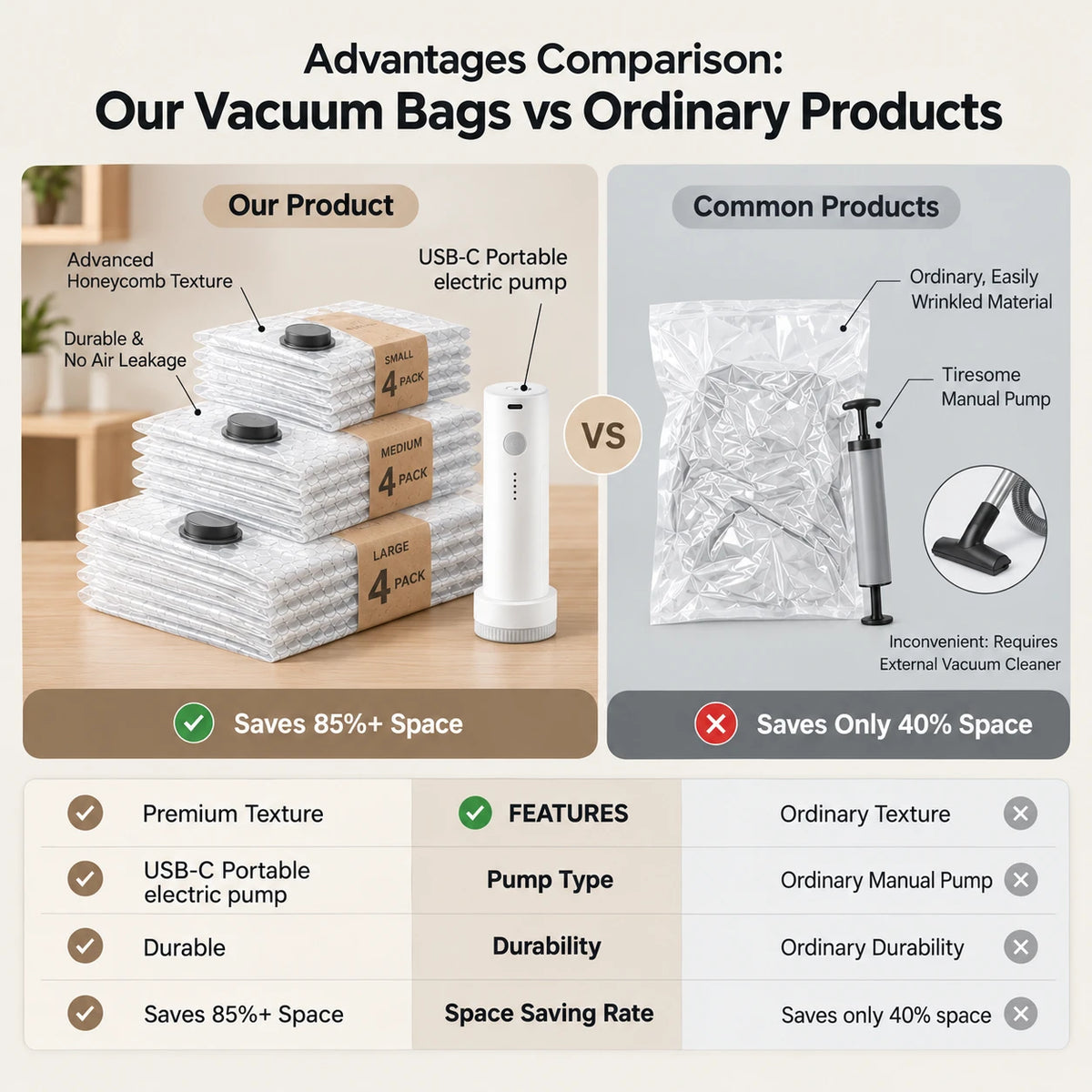 SpaceSaver Compression Kit – Travel & Home Storage Bags with USB-C Pump