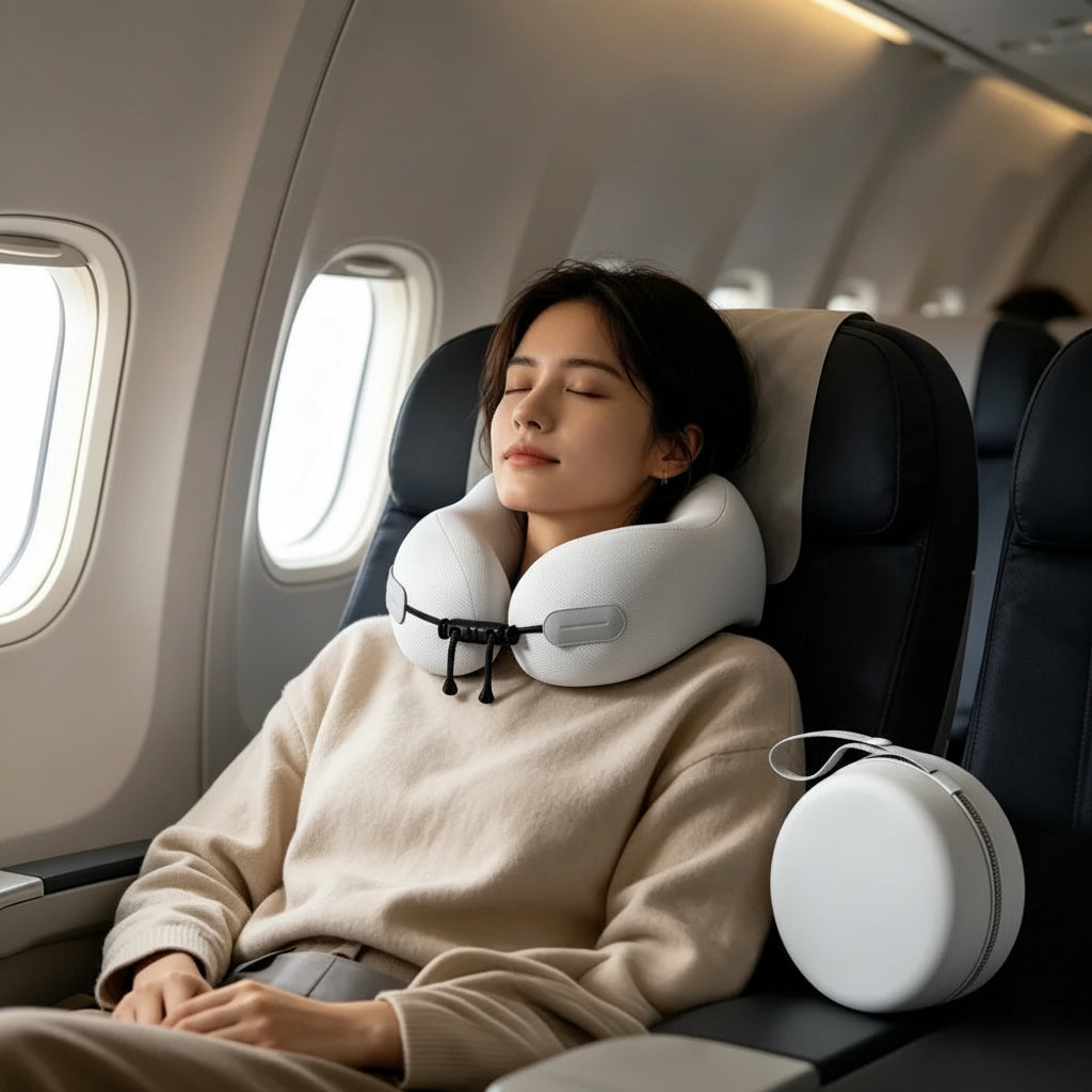 A woman reclining on an airplane seat with a white U-shaped travel neck pillow around her neck. A matching round white carrying case sits beside her seat.