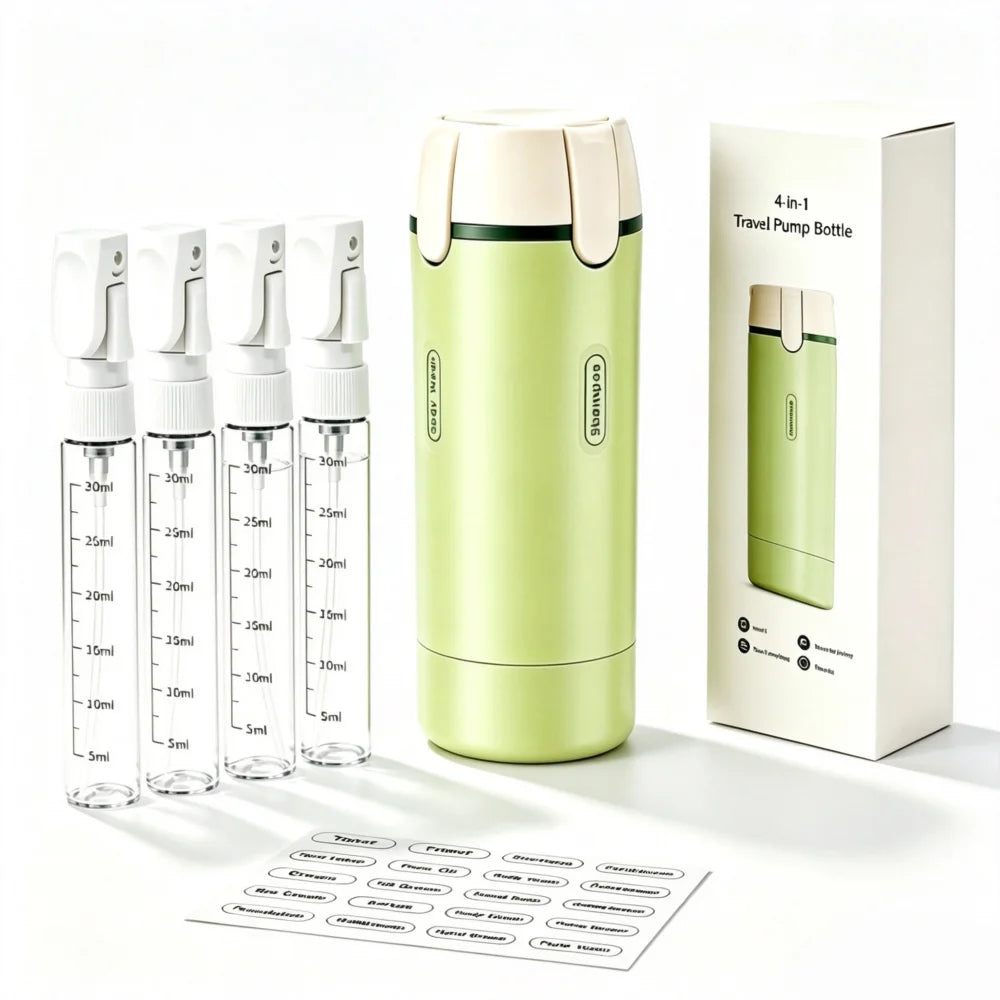 Pack3Ease™ 4-in-1 Travel Toiletry Dispenser – Leakproof Refillable Bottles for Shampoo, Lotion & Shower Gel