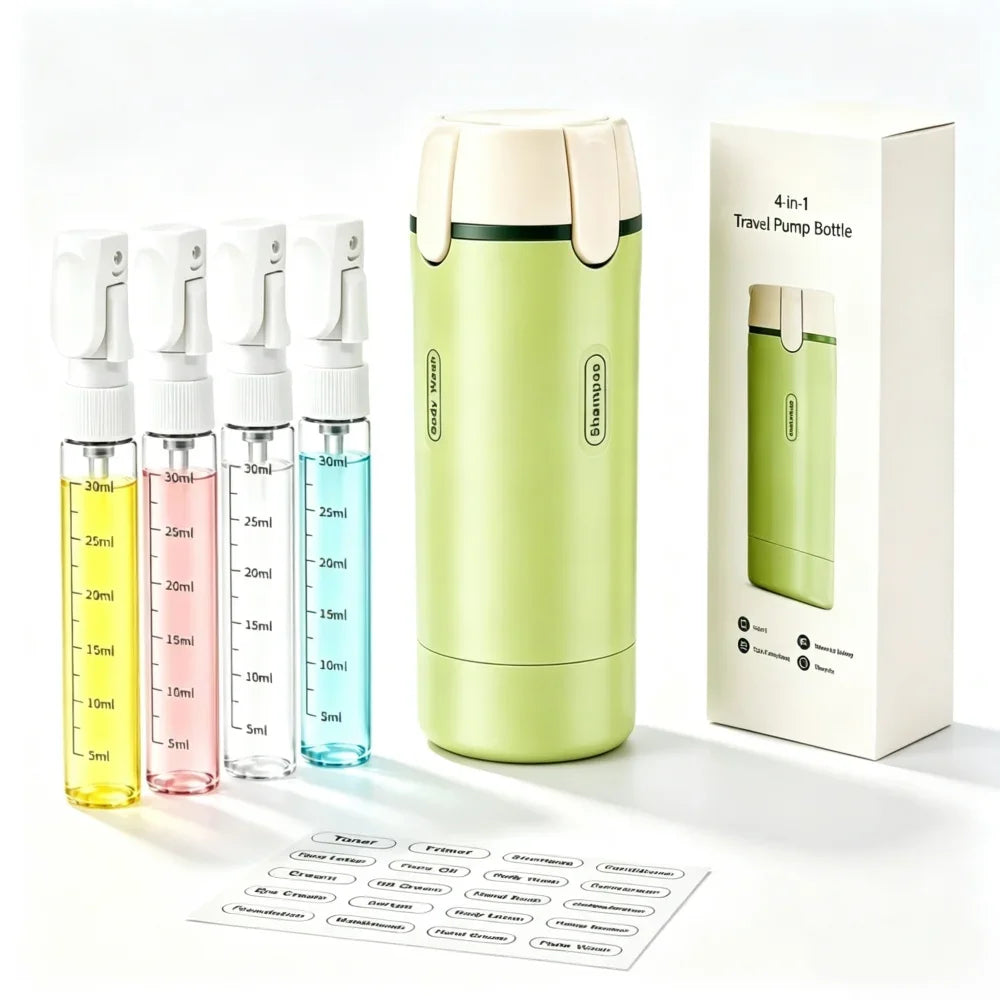 Pack3Ease™ 4-in-1 Travel Toiletry Dispenser – Leakproof Refillable Bottles for Shampoo, Lotion & Shower Gel