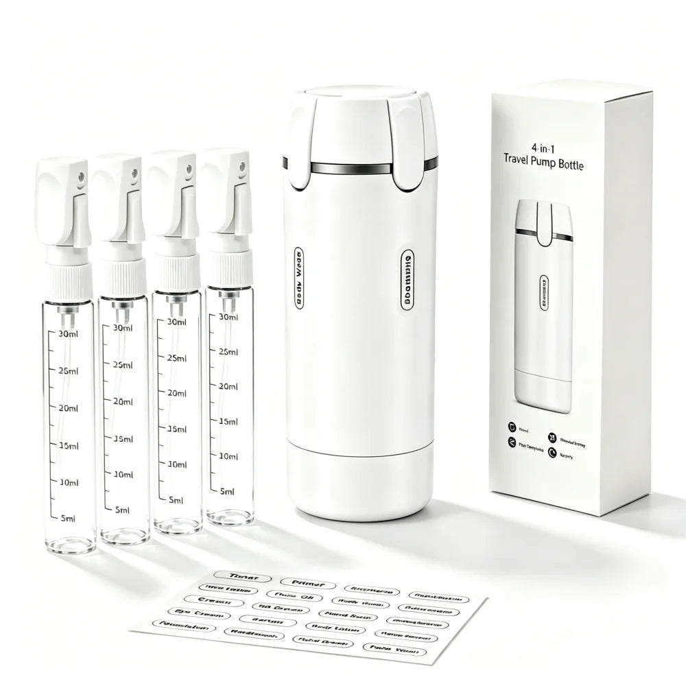 Pack3Ease™ 4-in-1 Travel Toiletry Dispenser – Leakproof Refillable Bottles for Shampoo, Lotion & Shower Gel