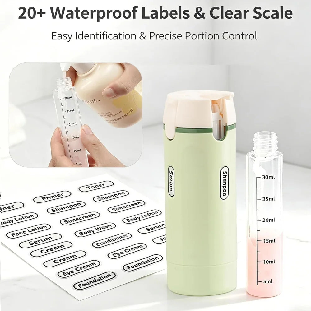 Pack3Ease™ 4-in-1 Travel Toiletry Dispenser – Leakproof Refillable Bottles for Shampoo, Lotion & Shower Gel