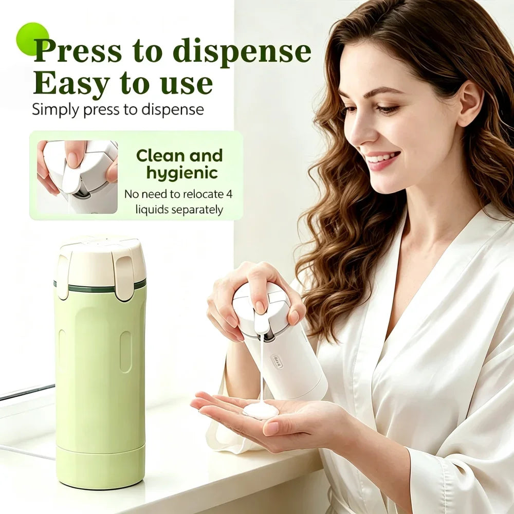 Pack3Ease™ 4-in-1 Travel Toiletry Dispenser – Leakproof Refillable Bottles for Shampoo, Lotion & Shower Gel