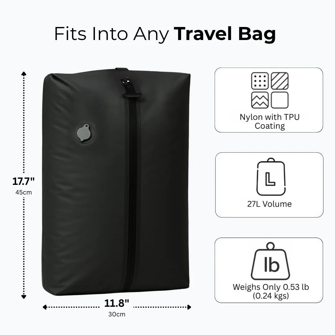 Pack3Ease vacuum compression bag dimensions 17.7x11.8 inches, 27L capacity lightweight nylon organizer for backpack and luggage, 0.053lb.