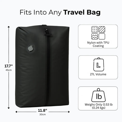 Pack3Ease vacuum compression bag dimensions 17.7x11.8 inches, 27L capacity lightweight nylon organizer for backpack and luggage, 0.053lb.